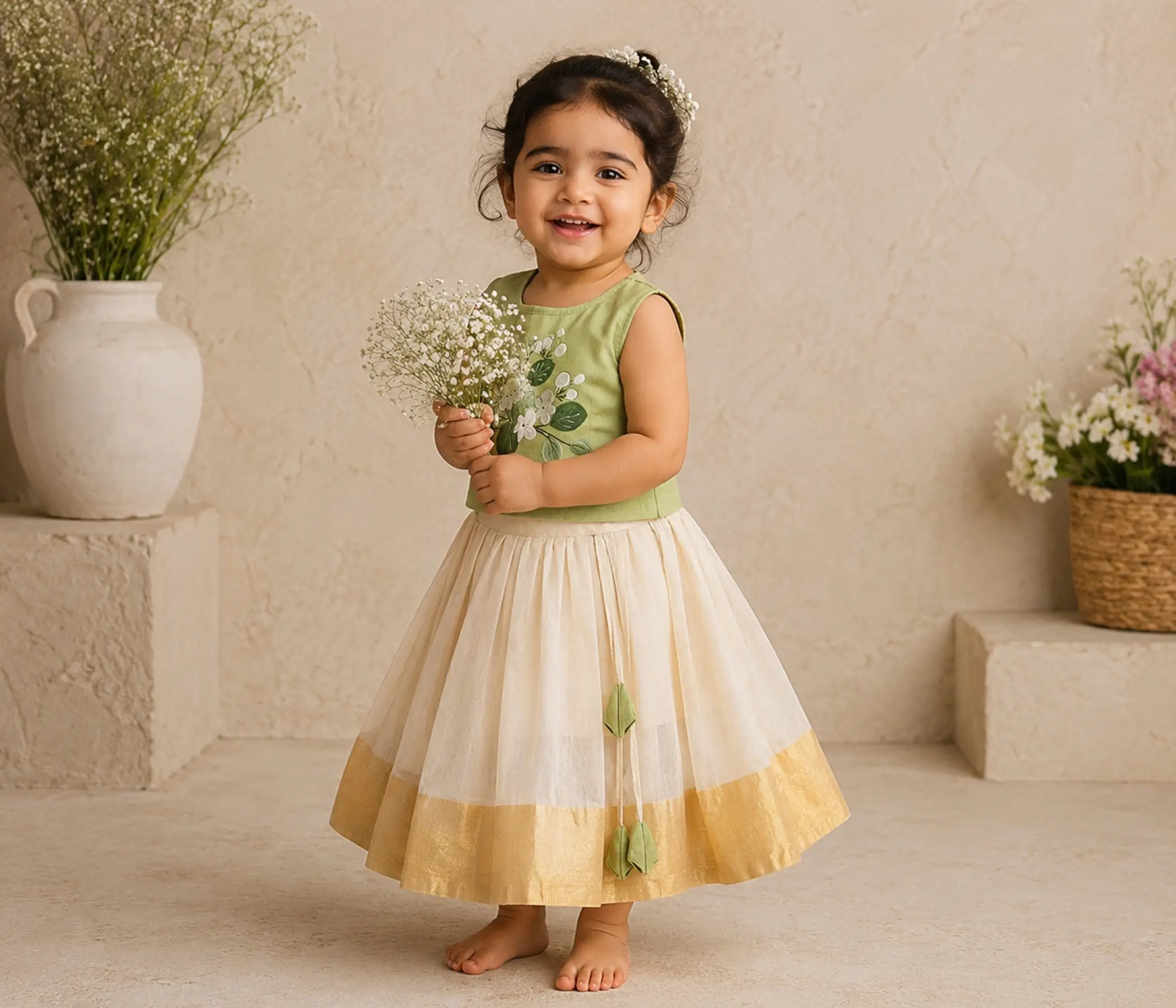 Girls Formal Dresses – Olive Green Hand-Painted Lehenga Choli for Girls